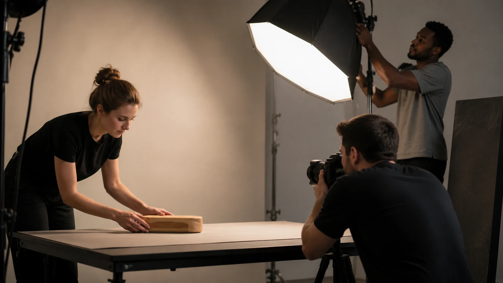 Équipe préparant une séance photo de produit industriel non marqué.