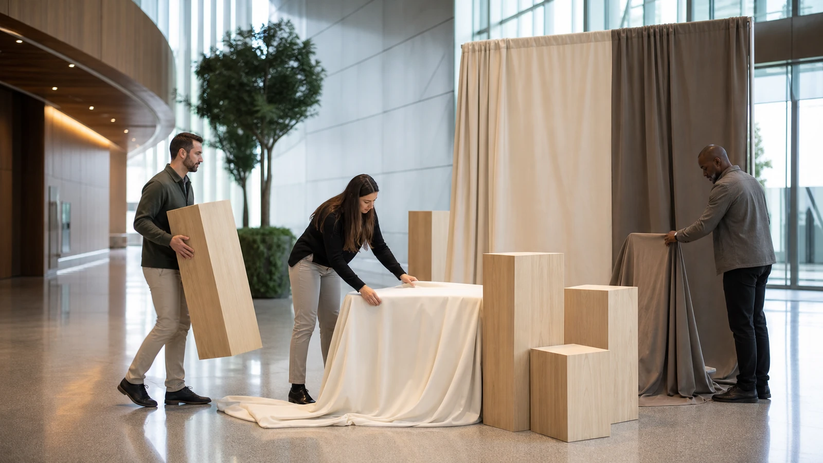 Installation d’un espace de démonstration professionnelle sans signalétique.
