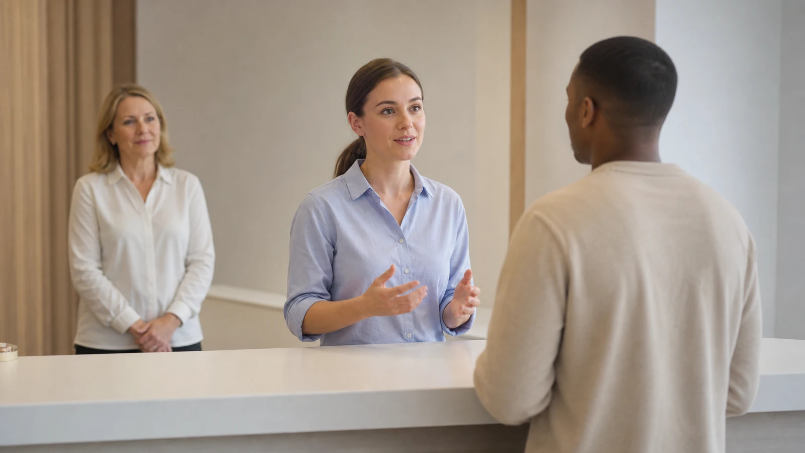 Simulation d’accueil observée par une collègue expérimentée après une formation.