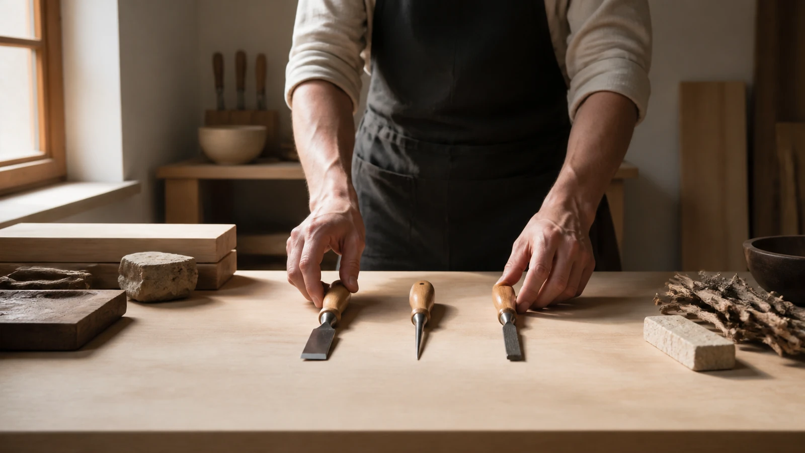 Professionnelle préparant méthodiquement un poste de travail en atelier.