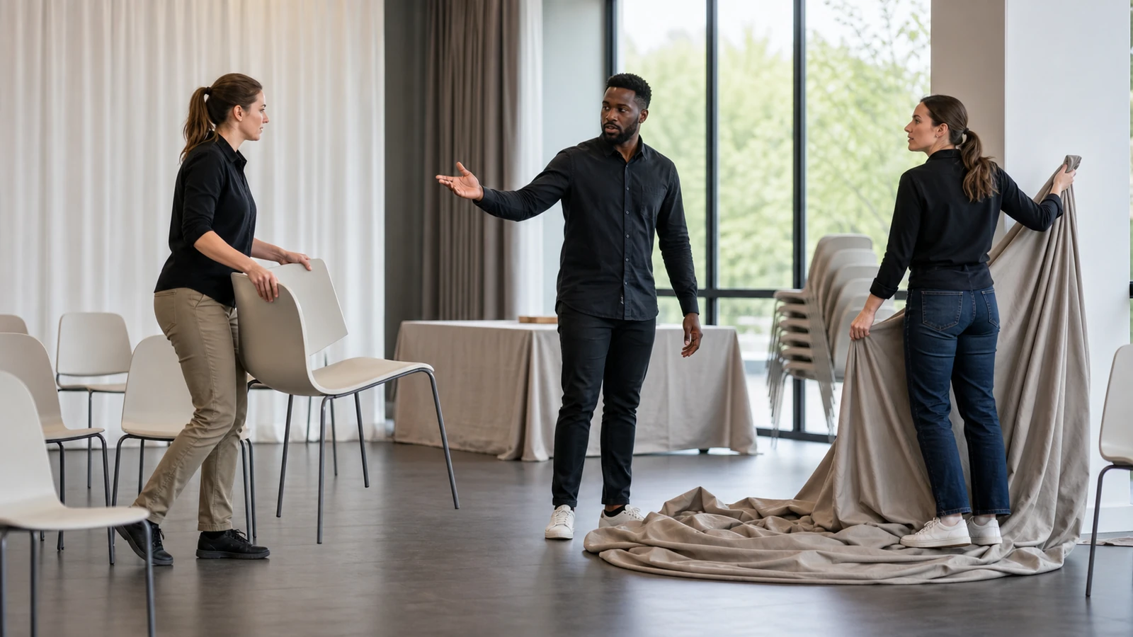 Équipe coordonnant concrètement la préparation d’une salle professionnelle.