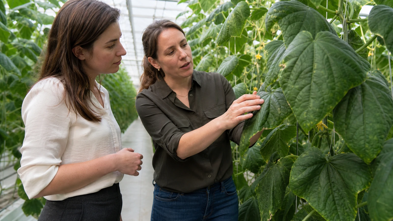 Journaliste B2B visitant une serre professionnelle avec une experte agronome.
