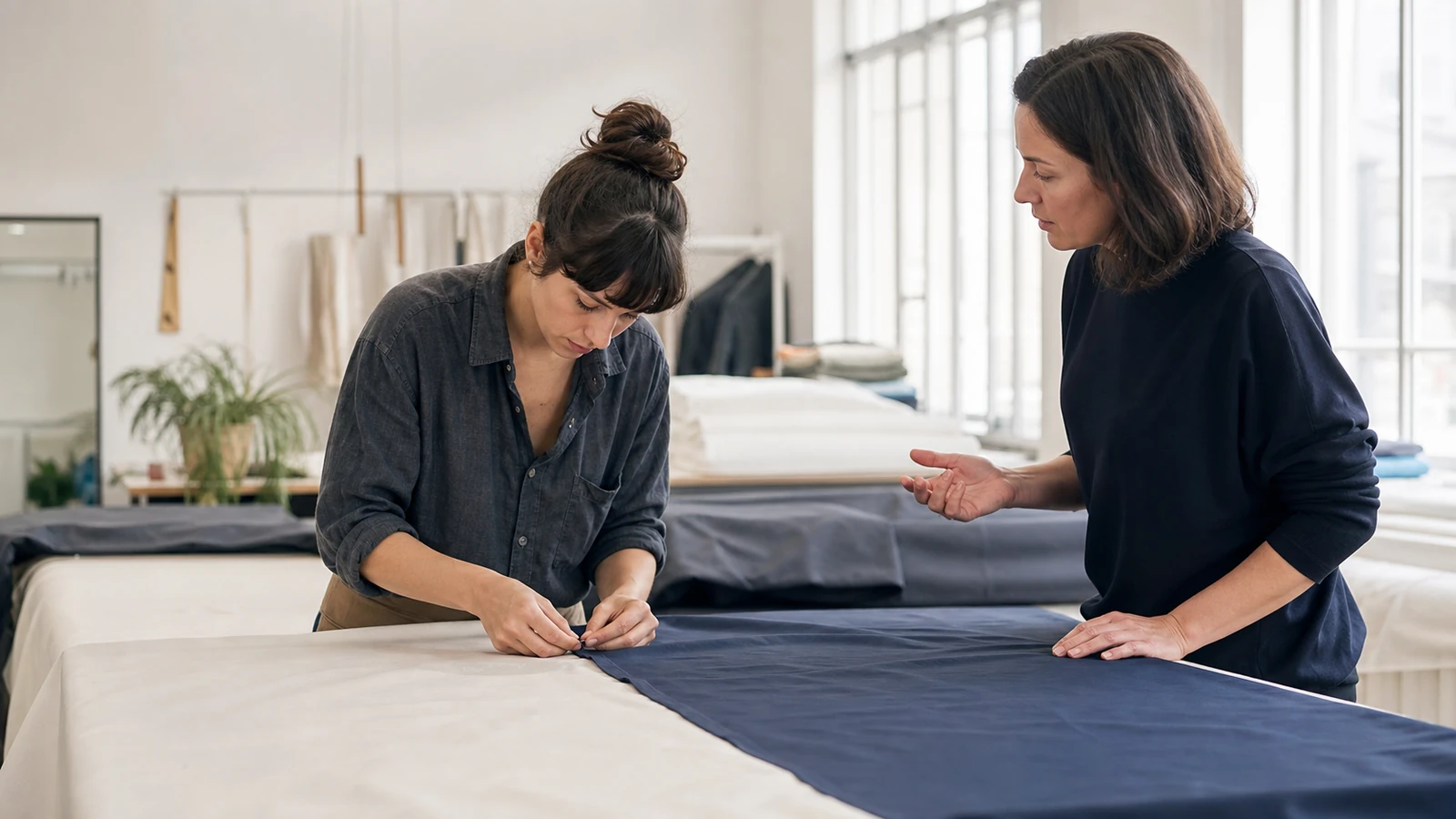 Candidate réalisant un exercice textile concret sous l’observation d’une recruteuse.