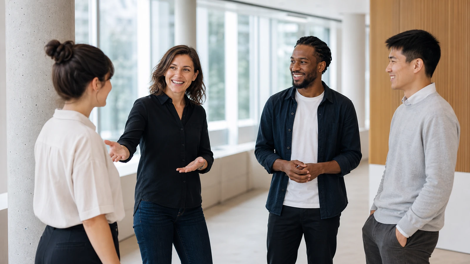 Collègue présentant une nouvelle recrue aux membres de son équipe.