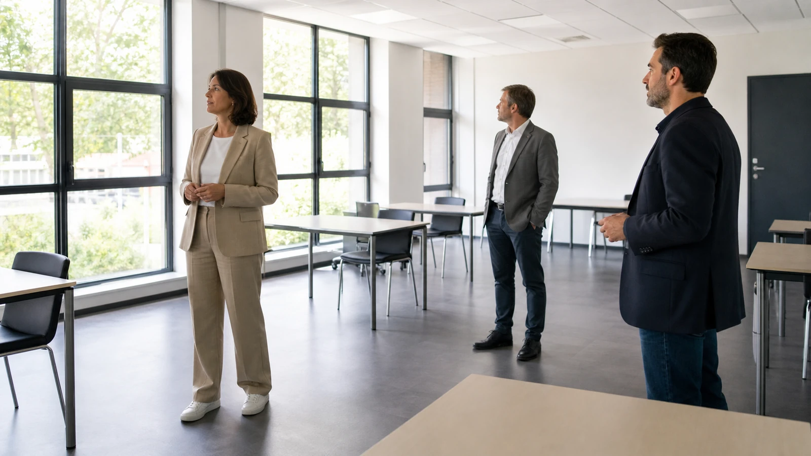 Responsables évaluant la capacité et la circulation d’une nouvelle salle professionnelle.